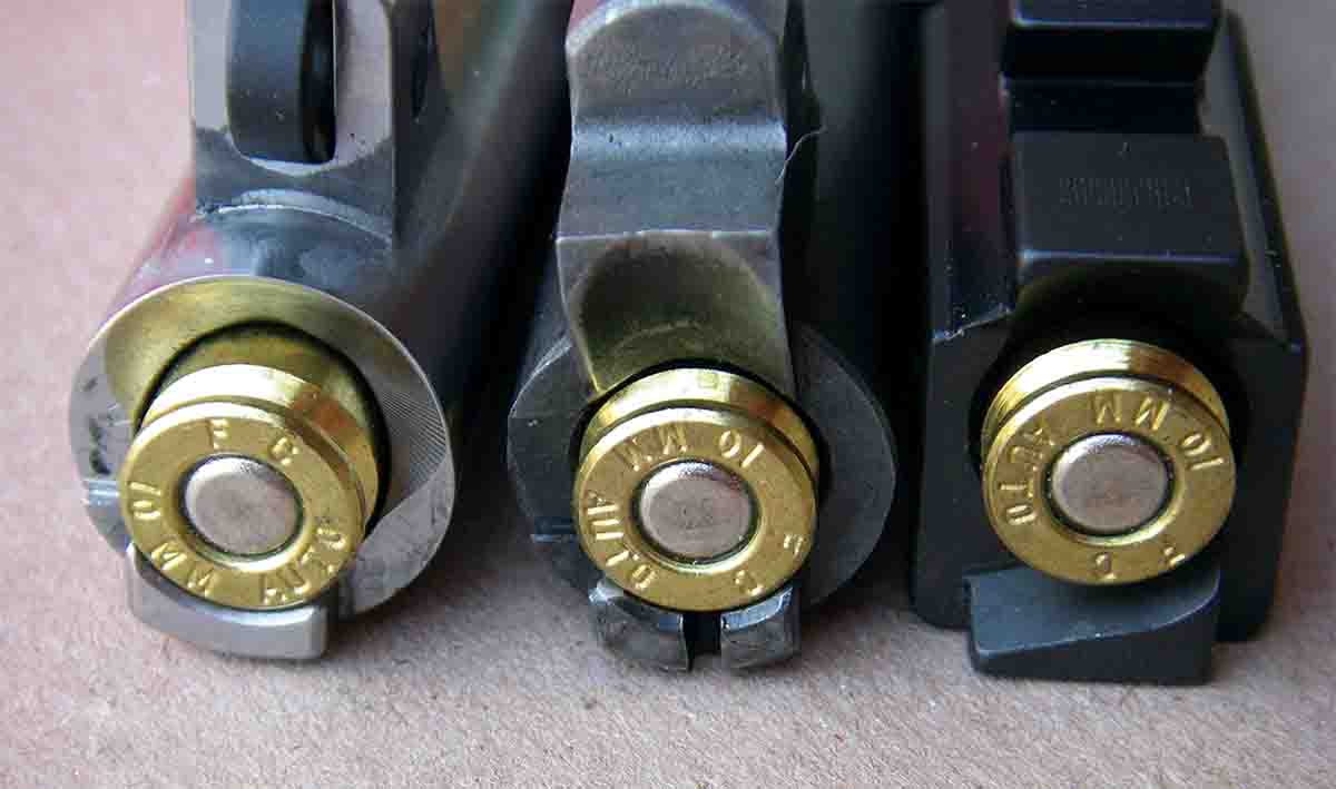 These 10mm Auto barrels illustrate that not all pistols offer the same amount of case support. At left is the Colt Delta Elite followed by a Kimber Stainless Target II and a Glock 40 Gen 4.